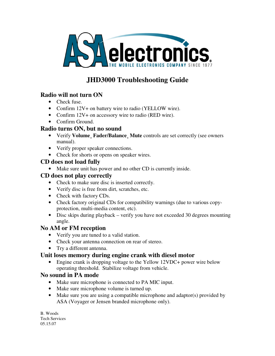 ASA Electronics JHD3000 User Manual | 1 page