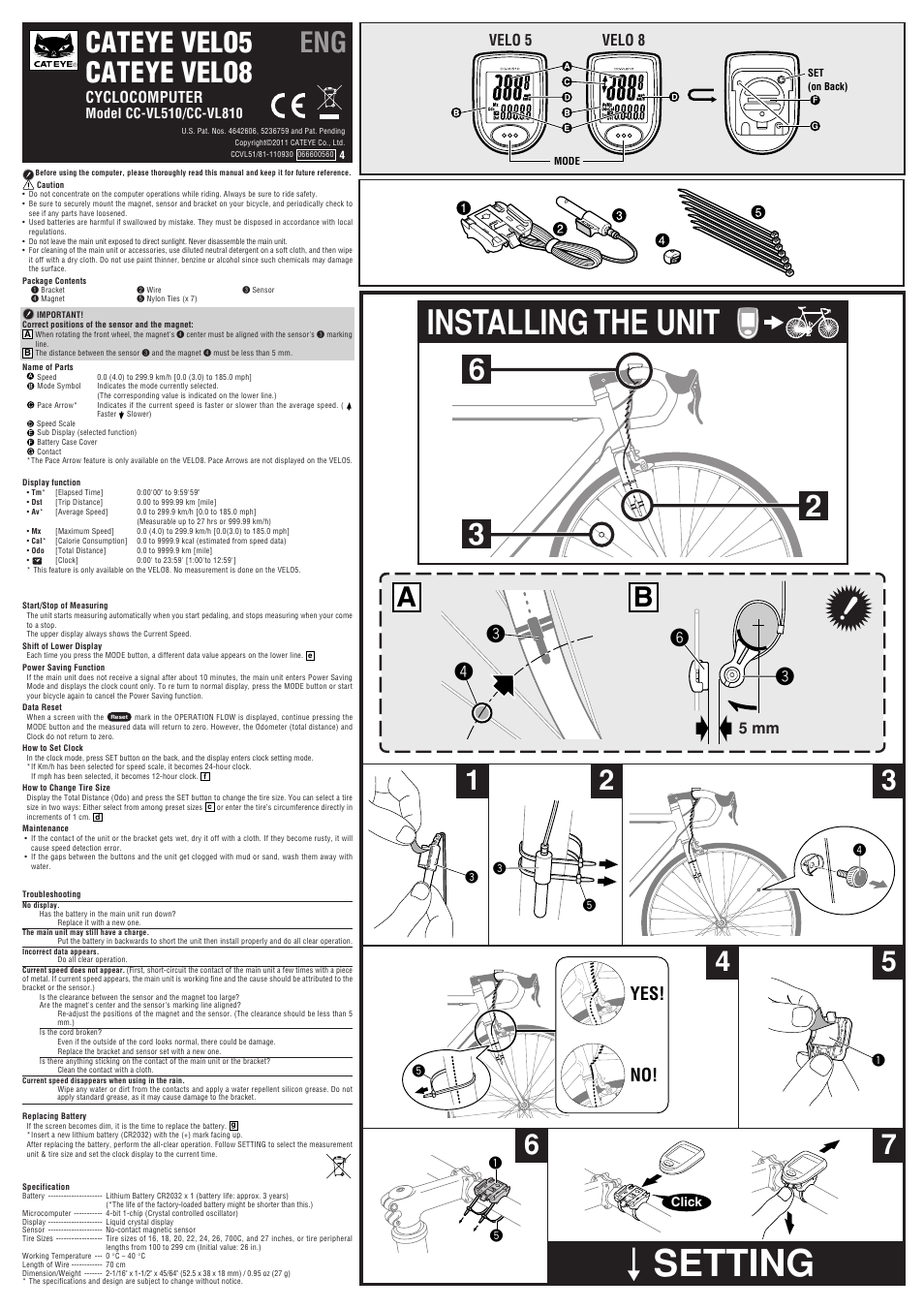 CatEye CC-VL510/CC-VL810 [Velo 5/Velo 8] User Manual | 2 pages