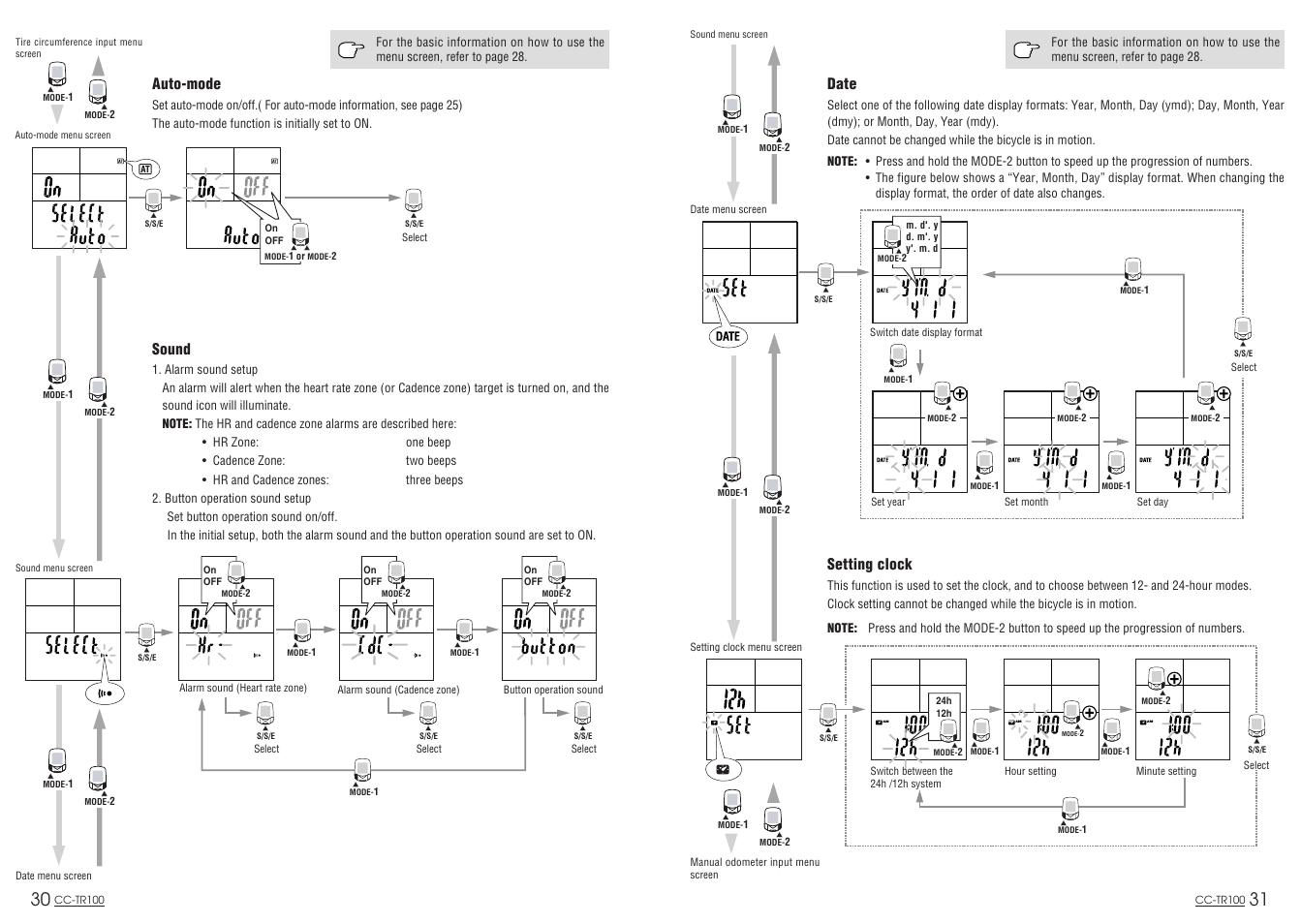 Date, Setting clock, Sound | Auto-mode | CatEye CC-TR100 User Manual | Page 17 / 28