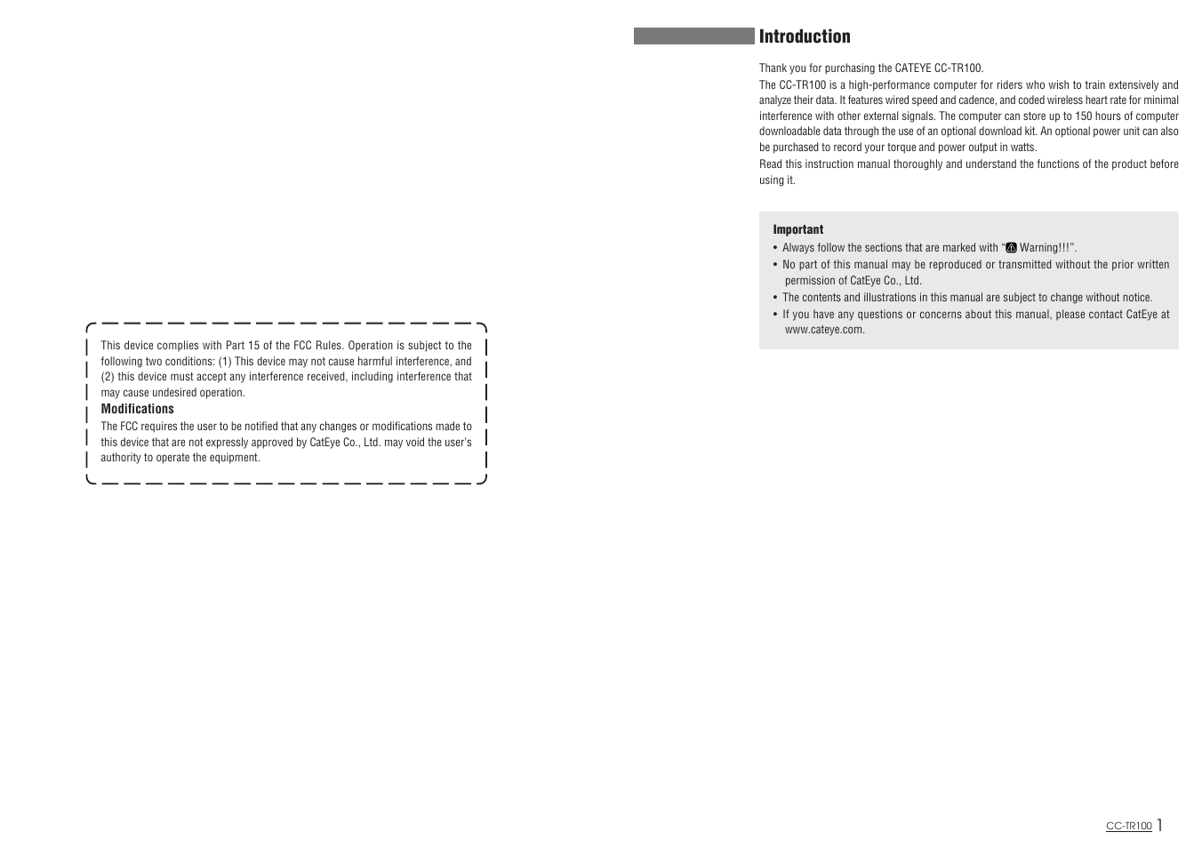 Introduction | CatEye CC-TR100 User Manual | Page 2 / 28
