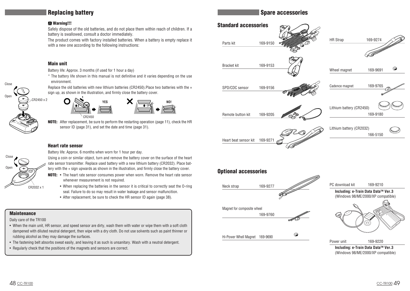 Spare accessories, Replacing battery, Standard accessories | Optional accessories | CatEye CC-TR100 User Manual | Page 26 / 28