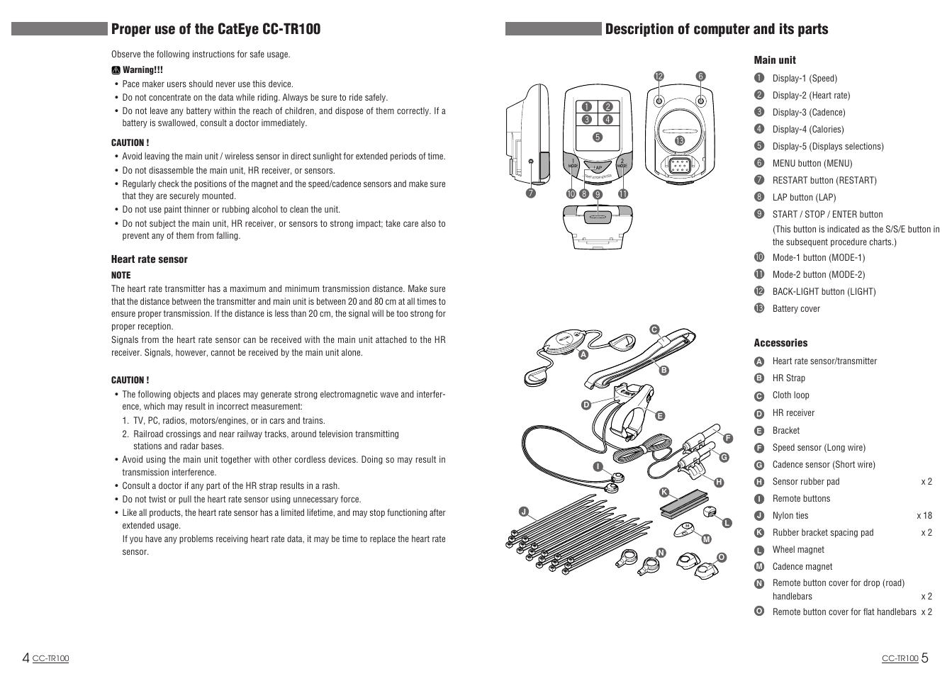Description of computer and its parts, Proper use of the cateye cc-tr100 | CatEye CC-TR100 User Manual | Page 4 / 28