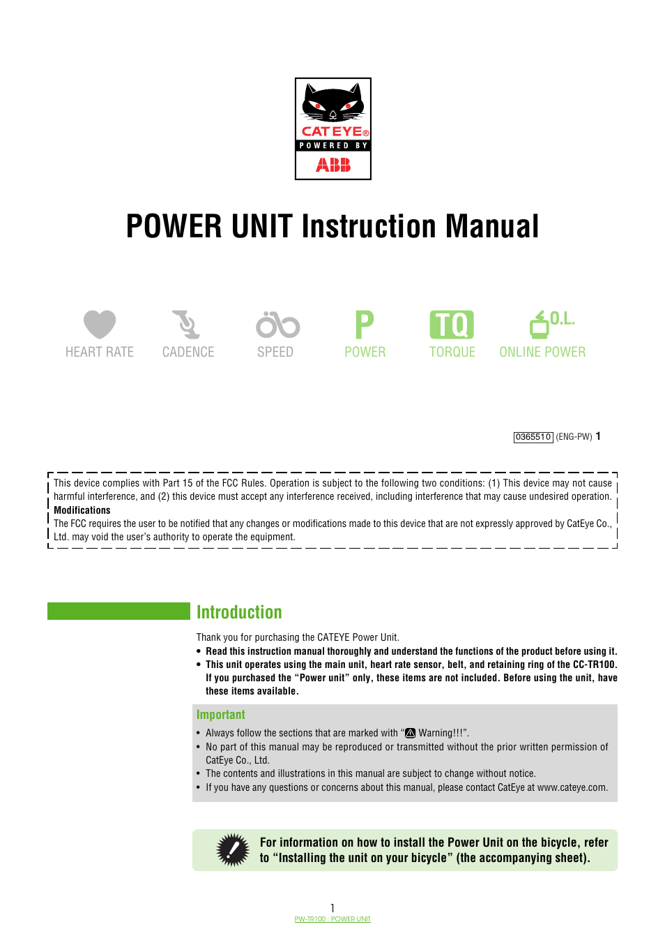 CatEye PW-TR100 Power Unit User Manual | 69 pages