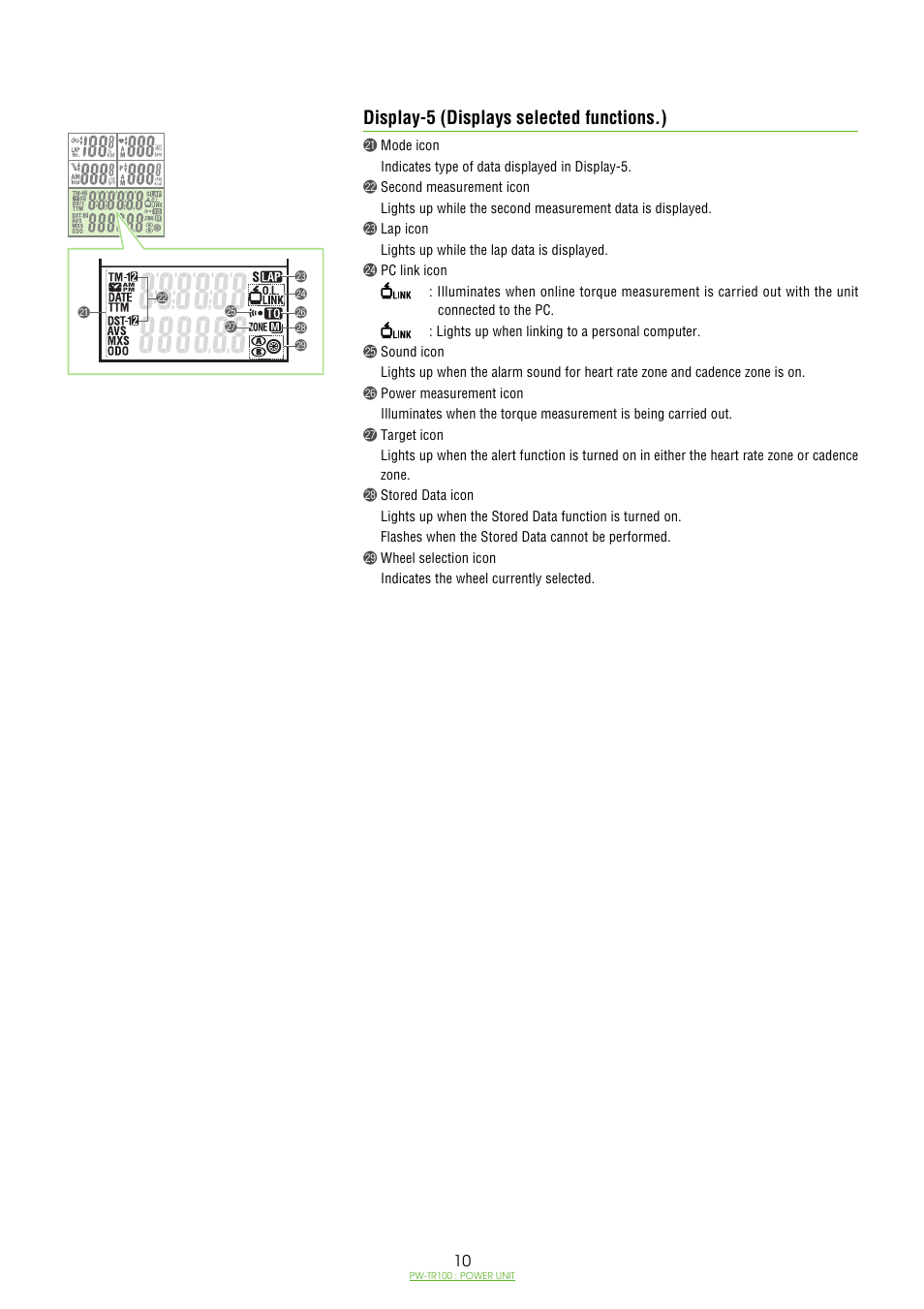 Display-5, Display-5 (displays selected functions.) | CatEye PW-TR100 Power Unit User Manual | Page 10 / 69