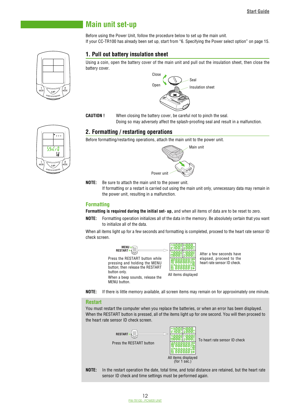 Main unit set-up, Pull out battery insulation sheet, Formatting / restarting operations | CatEye PW-TR100 Power Unit User Manual | Page 12 / 69