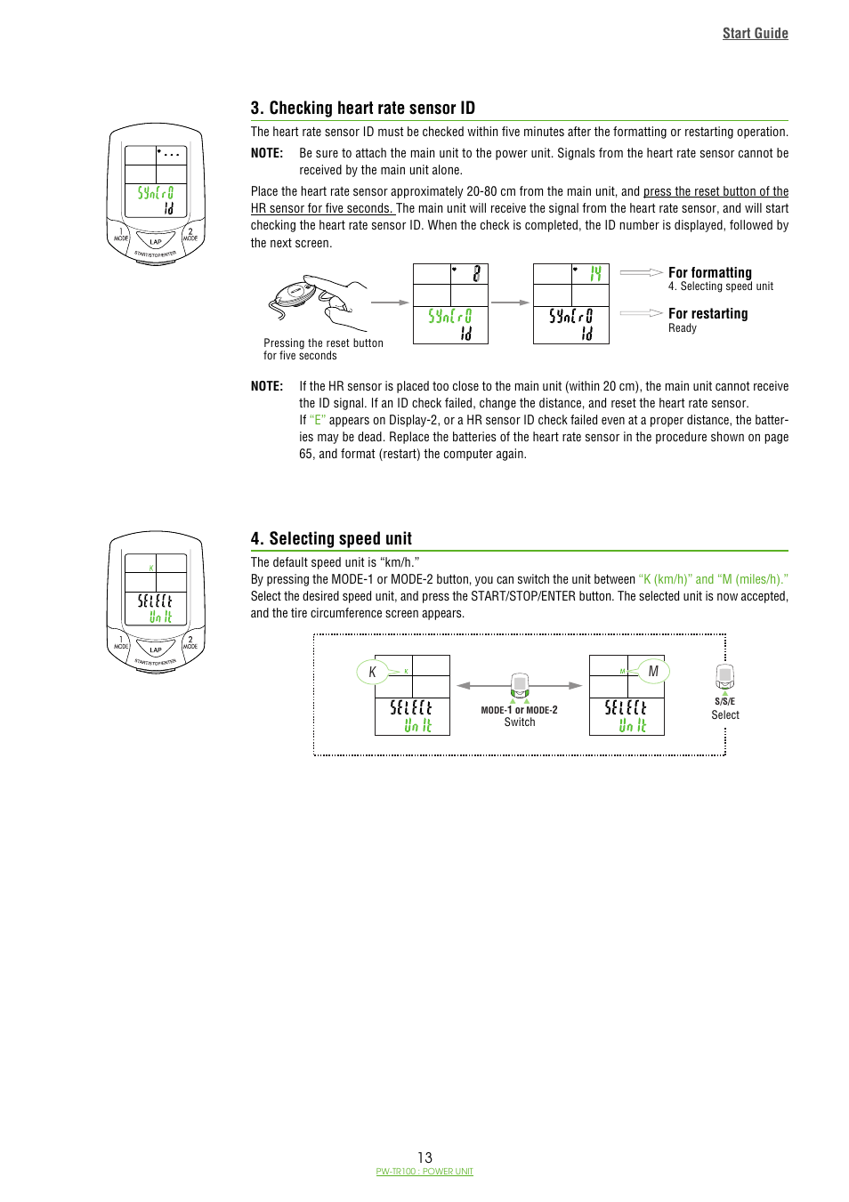 Checking heart rate sensor id, Selecting speed unit | CatEye PW-TR100 Power Unit User Manual | Page 13 / 69