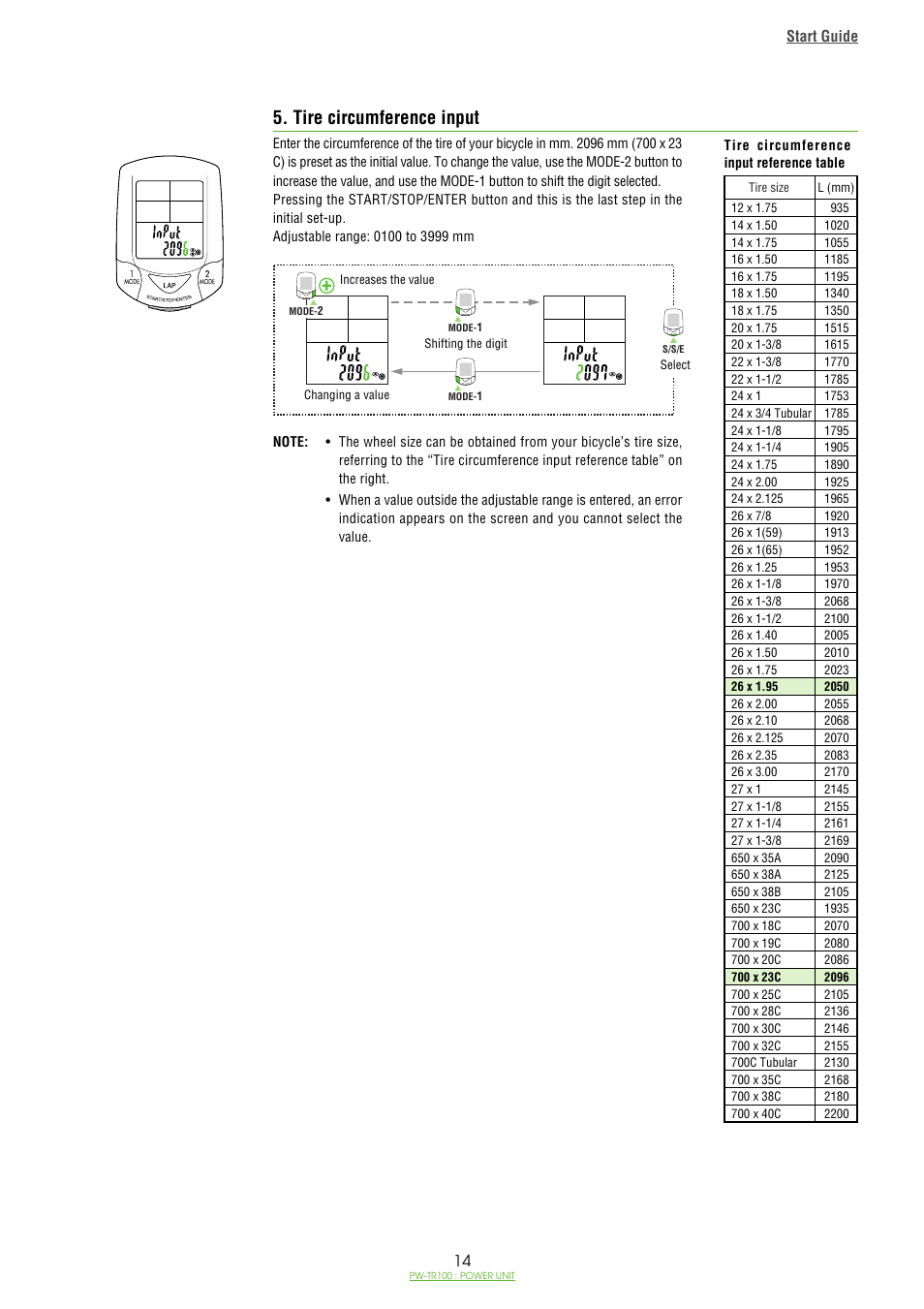 Tire circumference input | CatEye PW-TR100 Power Unit User Manual | Page 14 / 69