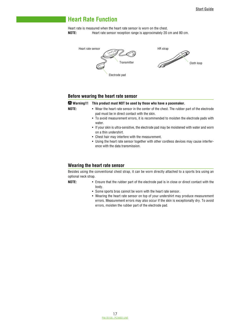 Heart rate function, Before wearing the heart rate sensor, Wearing the heart rate sensor | CatEye PW-TR100 Power Unit User Manual | Page 17 / 69