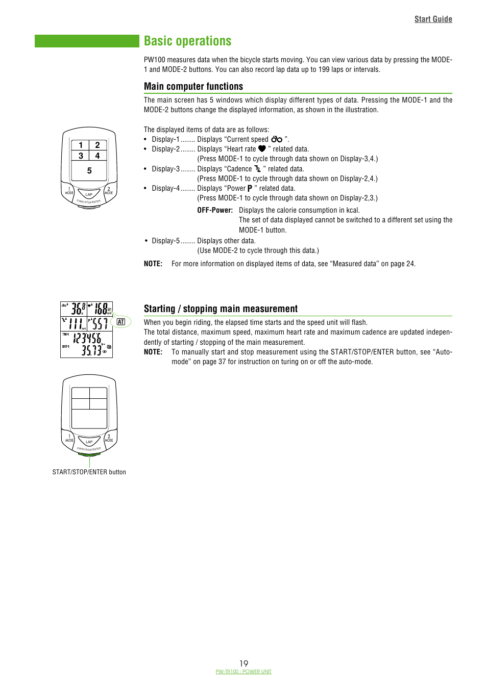 Basic operations, Main computer functions, Starting / stopping main measurement | CatEye PW-TR100 Power Unit User Manual | Page 19 / 69