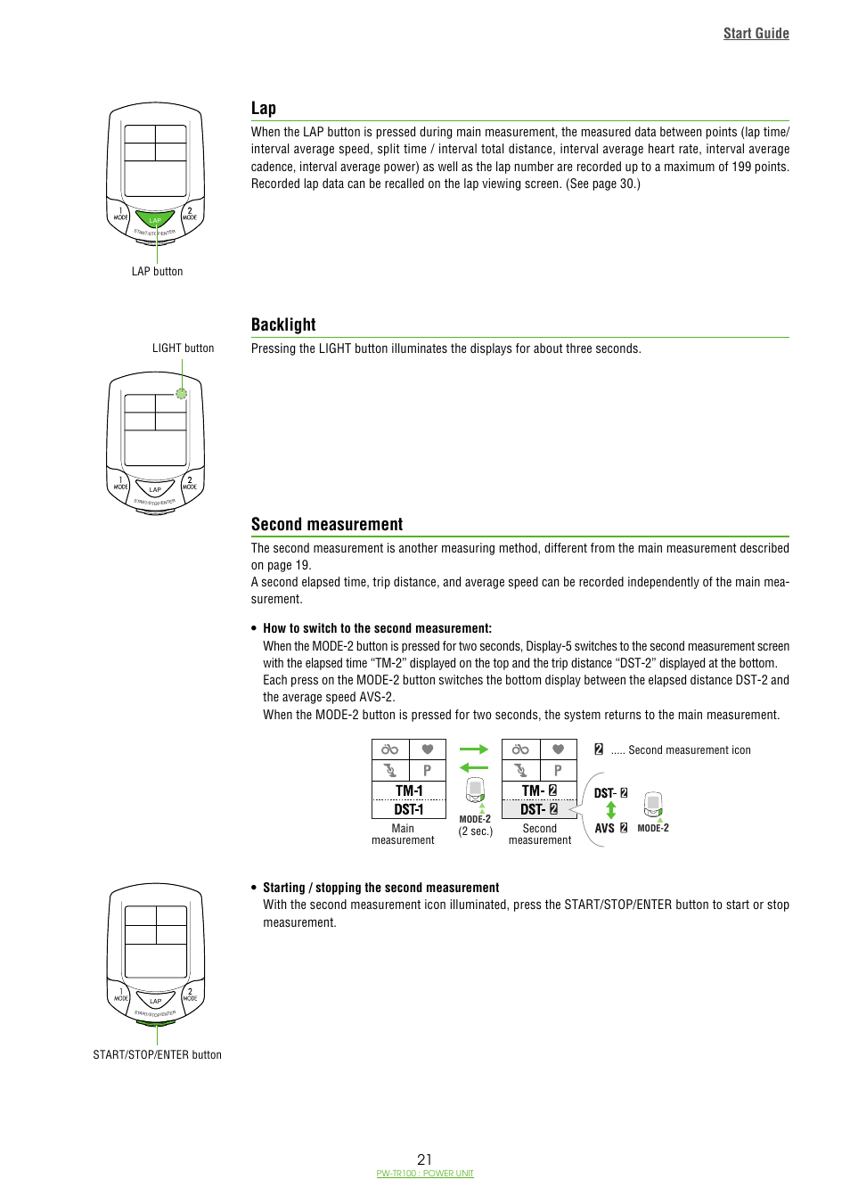 Backlight, Second measurement, Lap backlight second measurement | Start guide | CatEye PW-TR100 Power Unit User Manual | Page 21 / 69