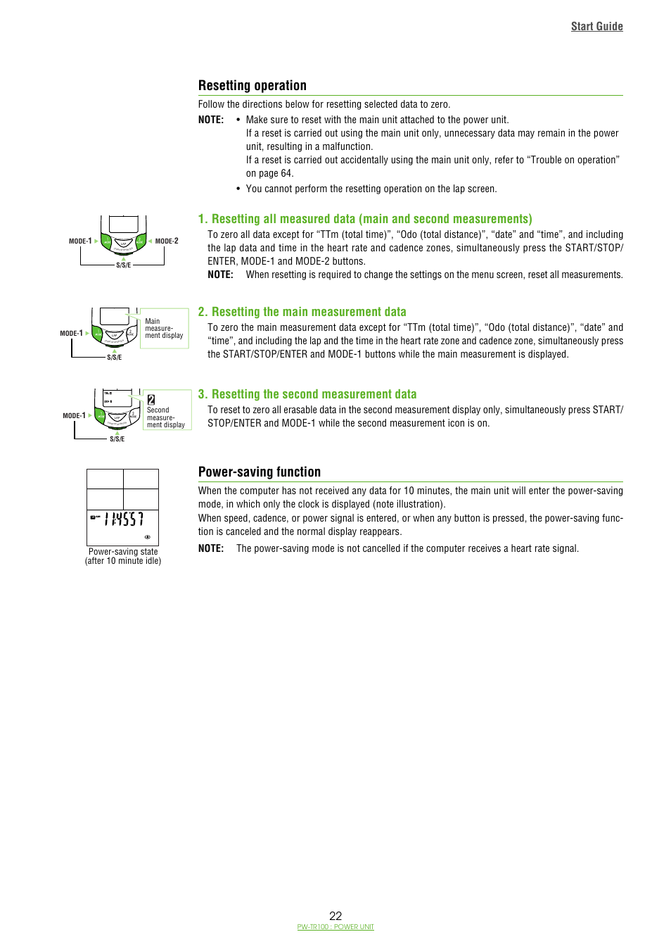 Resetting operation, Power-saving function, Resetting operation power-saving function | Resetting the main measurement data, Resetting the second measurement data, Start guide | CatEye PW-TR100 Power Unit User Manual | Page 22 / 69