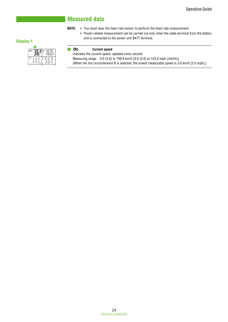 Measured data, Display-1 | CatEye PW-TR100 Power Unit User Manual | Page 24 / 69