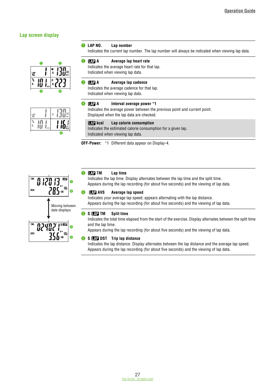 Lap screen display | CatEye PW-TR100 Power Unit User Manual | Page 27 / 69