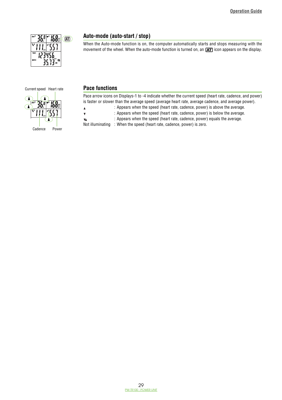 Auto-mode (auto-start / stop), Pace functions, Auto-mode (auto-start / stop) pace functions | CatEye PW-TR100 Power Unit User Manual | Page 29 / 69