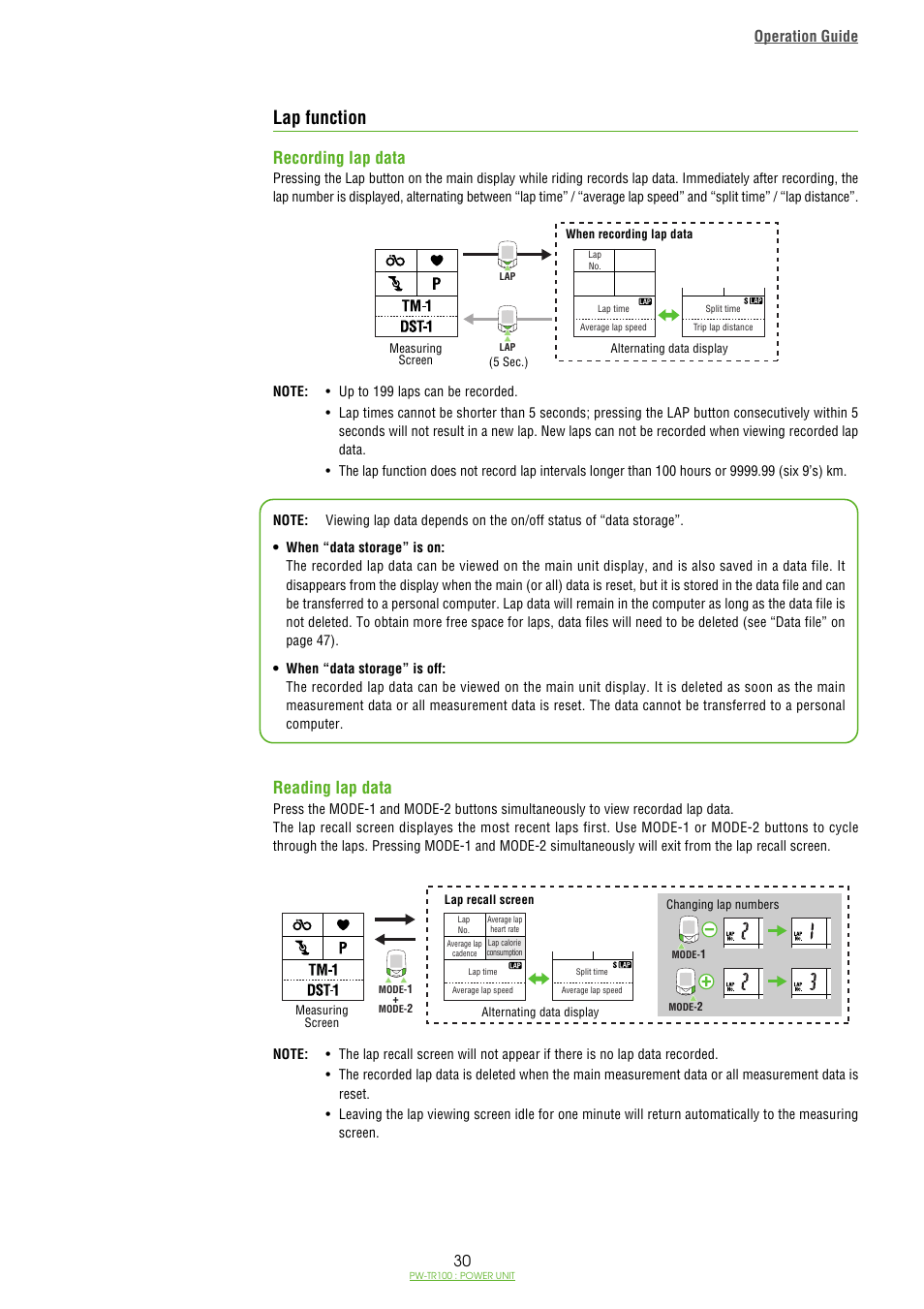 Lap function, Recording lap data, Reading lap data | Operation guide | CatEye PW-TR100 Power Unit User Manual | Page 30 / 69