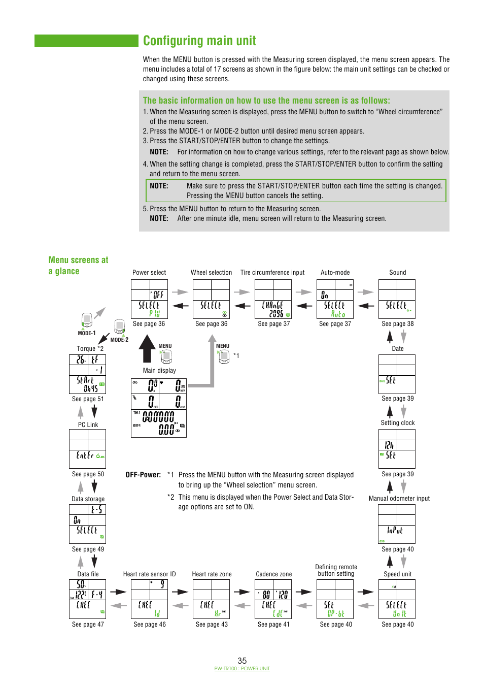 Configuring main unit, Menu screens at a glance | CatEye PW-TR100 Power Unit User Manual | Page 35 / 69