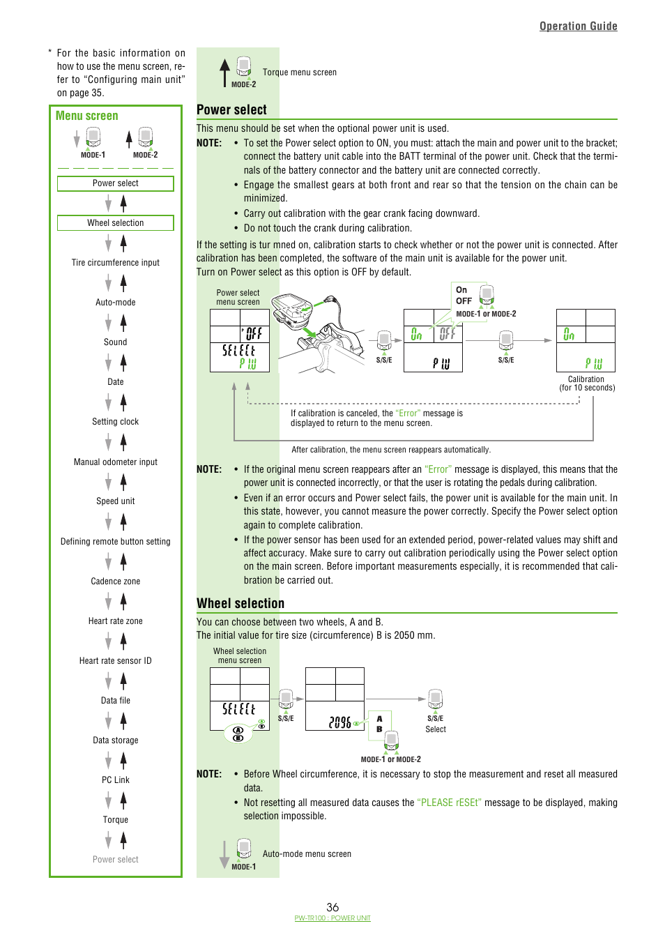 Power select, Wheel selection, Power select / 36 wheel selection / 36 | Menu screen | CatEye PW-TR100 Power Unit User Manual | Page 36 / 69