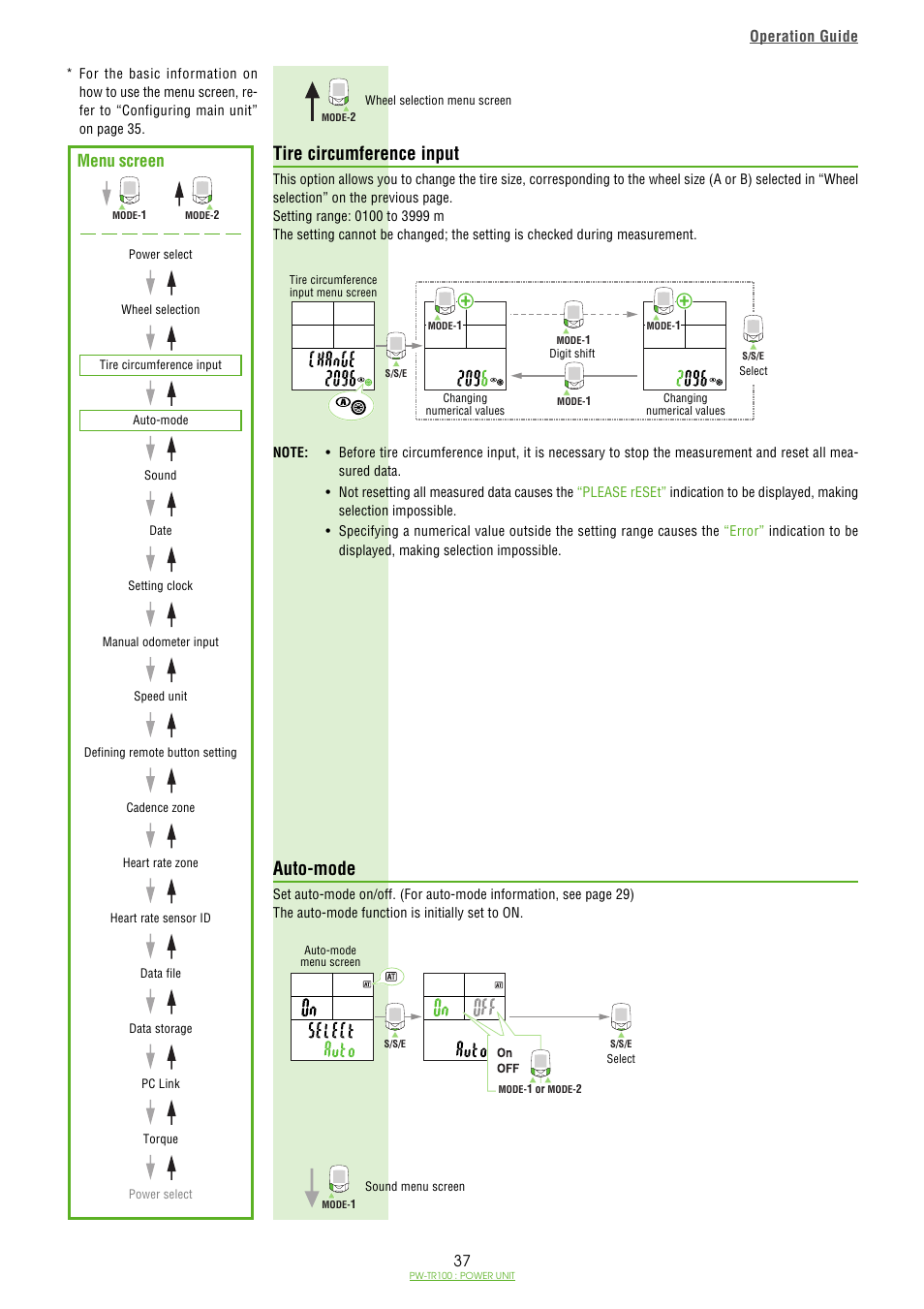 Tire circumference input, Auto-mode, Tire circumference input / 37 auto-mode / 37 | Menu screen, Operation guide | CatEye PW-TR100 Power Unit User Manual | Page 37 / 69