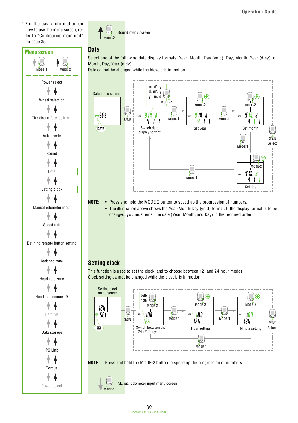 Date, Setting clock, Date / 39 setting clock / 39 | Menu screen, Operation guide | CatEye PW-TR100 Power Unit User Manual | Page 39 / 69