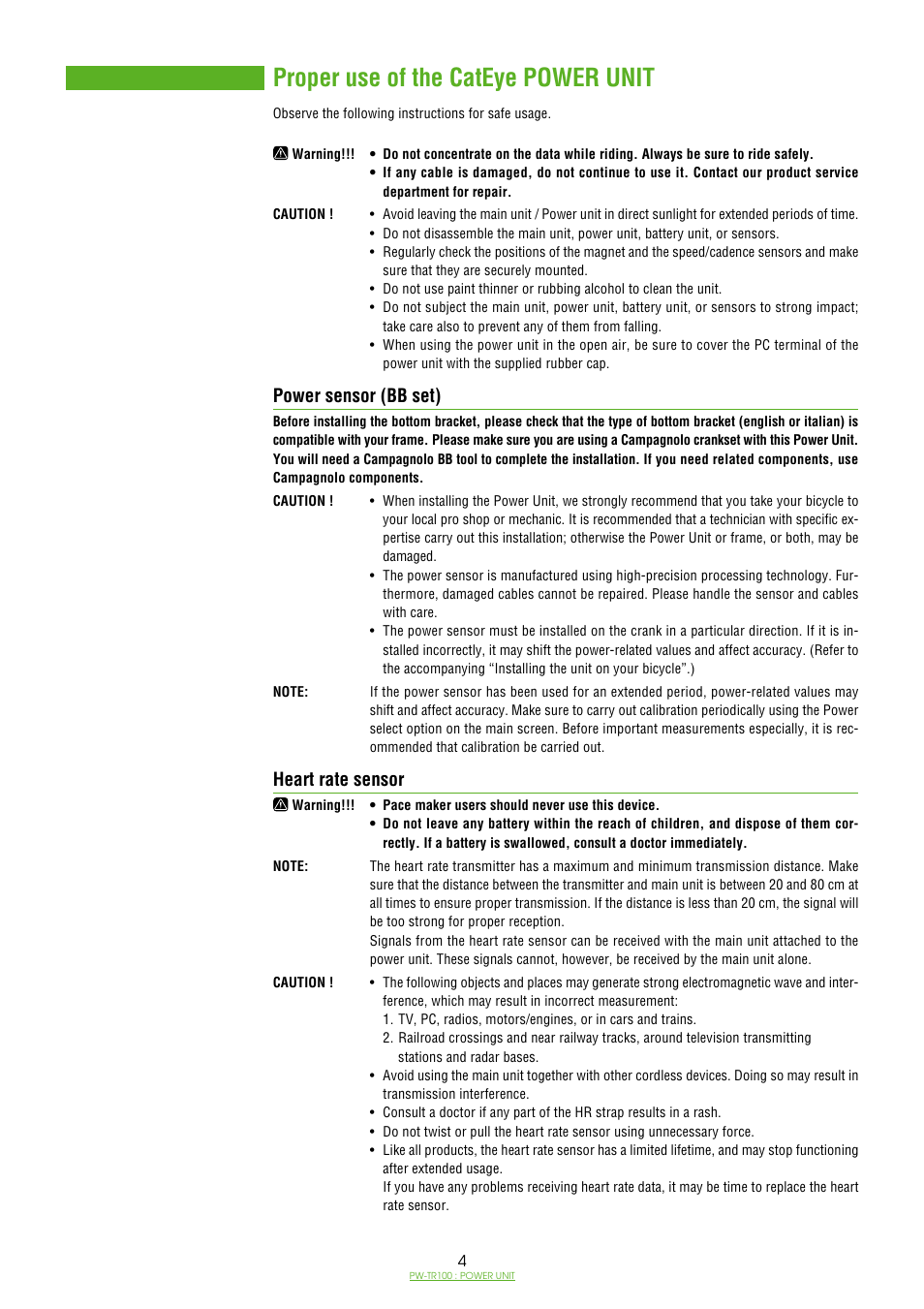 Proper use of the cateye power unit, Power sensor (bb set), Heart rate sensor | Power sensor (bb set) heart rate sensor | CatEye PW-TR100 Power Unit User Manual | Page 4 / 69