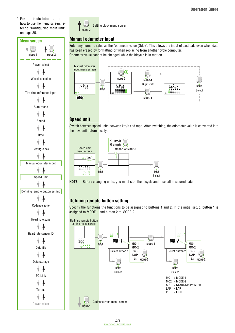 Manual odometer input, Speed unit, Defining remote button setting | Menu screen, Operation guide | CatEye PW-TR100 Power Unit User Manual | Page 40 / 69