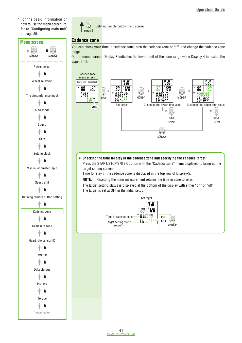 Cadence zone, Cadence zone / 41, Menu screen | Operation guide | CatEye PW-TR100 Power Unit User Manual | Page 41 / 69