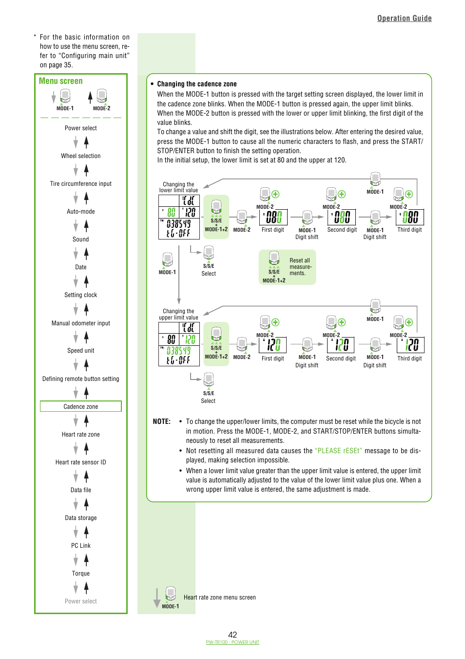 Menu screen, Operation guide | CatEye PW-TR100 Power Unit User Manual | Page 42 / 69