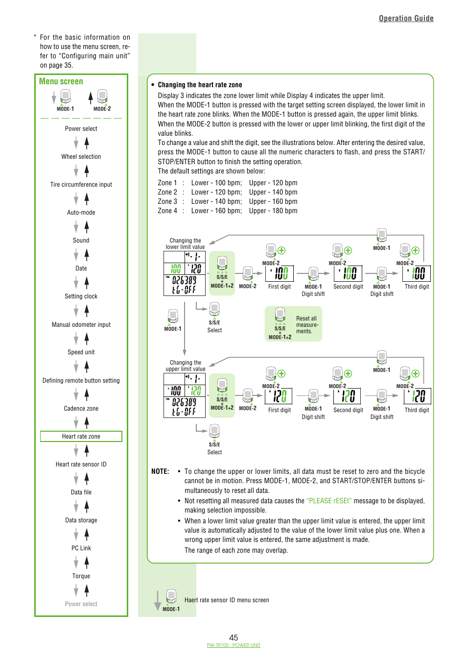 Menu screen, Operation guide | CatEye PW-TR100 Power Unit User Manual | Page 45 / 69