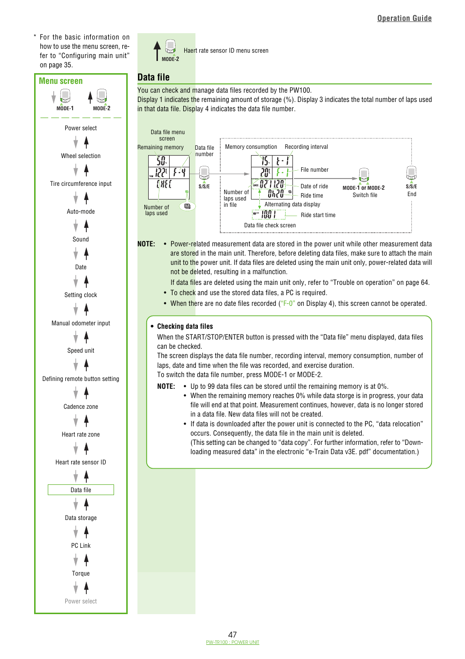 Data file, Data file / 47, Menu screen | Operation guide | CatEye PW-TR100 Power Unit User Manual | Page 47 / 69