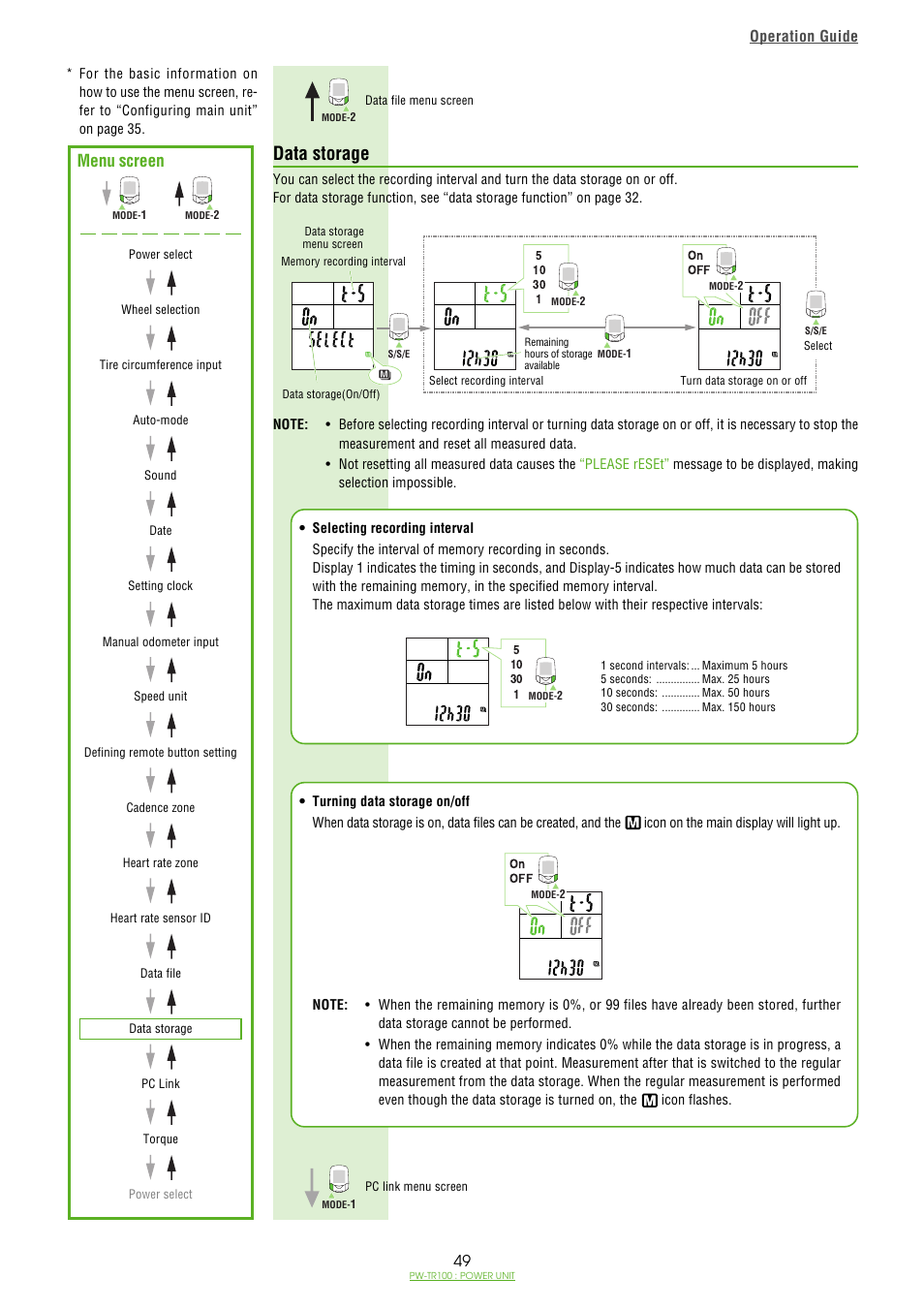 Data storage, Data storage / 49, Menu screen | Operation guide | CatEye PW-TR100 Power Unit User Manual | Page 49 / 69