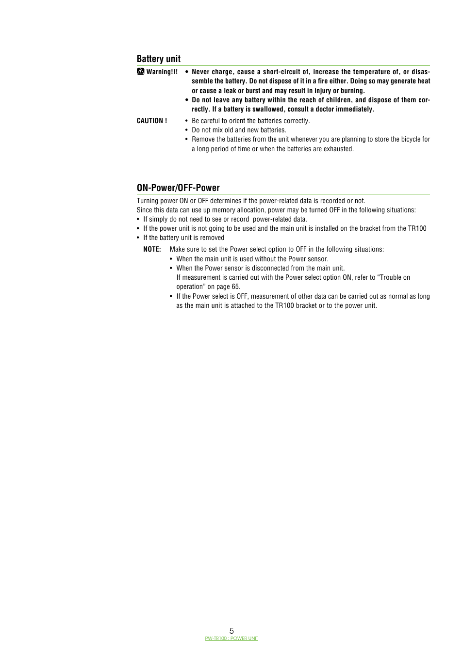 Battery unit, On-power/off-power, Battery unit on-power/off-power | CatEye PW-TR100 Power Unit User Manual | Page 5 / 69