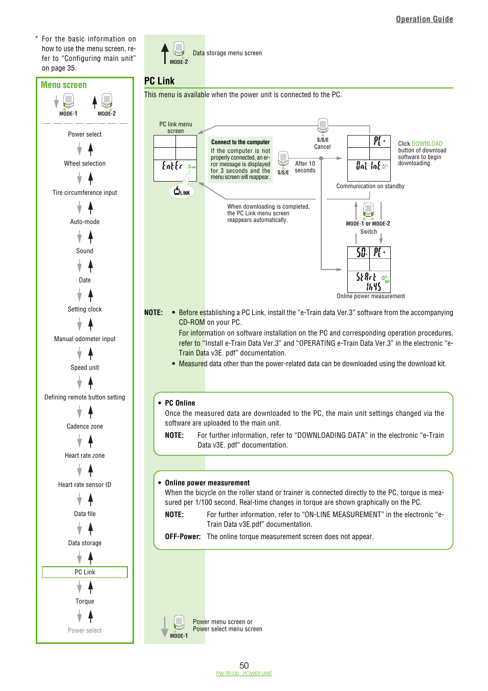 Pc link, Pc link / 50, Menu screen | Operation guide | CatEye PW-TR100 Power Unit User Manual | Page 50 / 69