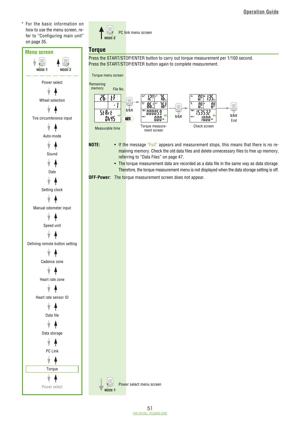 Torque, Torque / 51, Menu screen | Operation guide | CatEye PW-TR100 Power Unit User Manual | Page 51 / 69