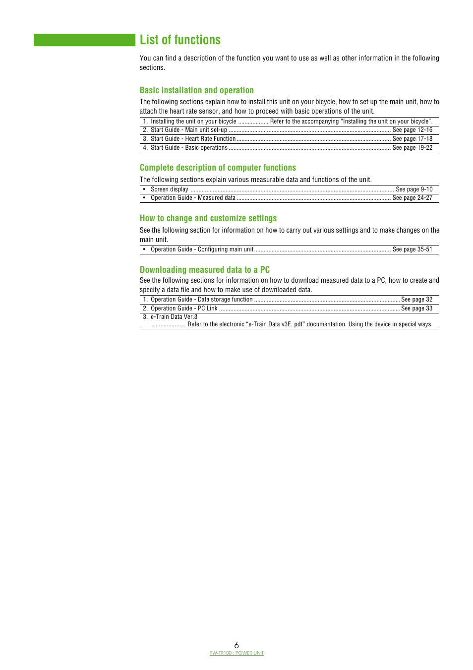 List of functions | CatEye PW-TR100 Power Unit User Manual | Page 6 / 69