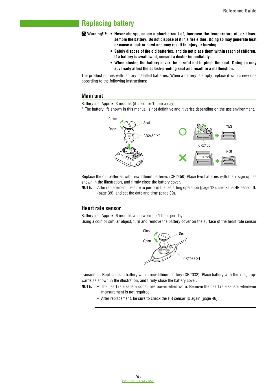 Replacing battery, Main unit, Heart rate sensor | Main unit heart rate sensor, Spare accessories | CatEye PW-TR100 Power Unit User Manual | Page 65 / 69