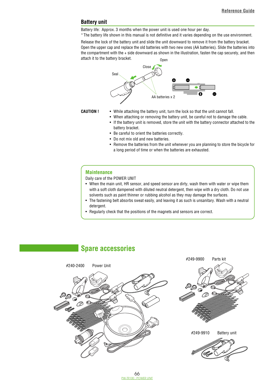 Battery unit, Spare accessories, Specifications | CatEye PW-TR100 Power Unit User Manual | Page 66 / 69