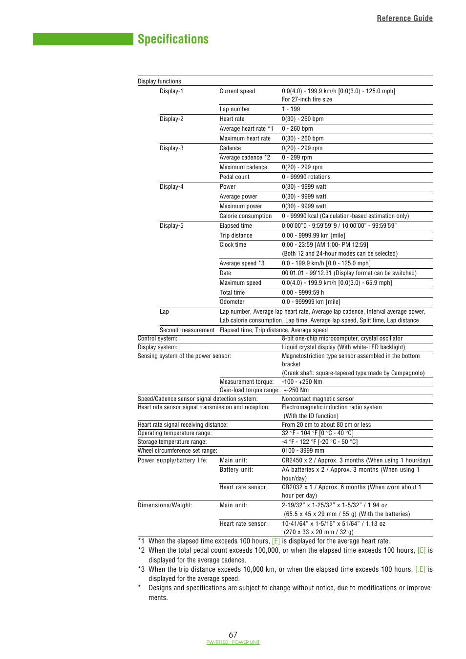 Specifications, Reference guide | CatEye PW-TR100 Power Unit User Manual | Page 67 / 69