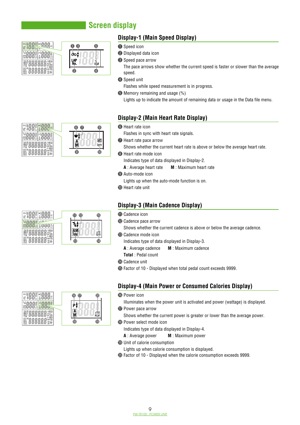 Screen display, Display-1, Display-2 | Display-3, Display-4, Display-1 display-2 display-3 display-4, Display-1 (main speed display), Display-2 (main heart rate display), Display-3 (main cadence display) | CatEye PW-TR100 Power Unit User Manual | Page 9 / 69