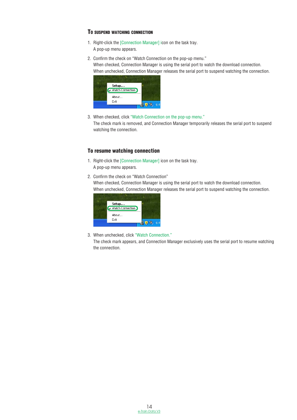 To suspend watching connection, To resume watching connection | CatEye e-TrainData™ Ver.3 [Power Unit Edition] User Manual | Page 14 / 53