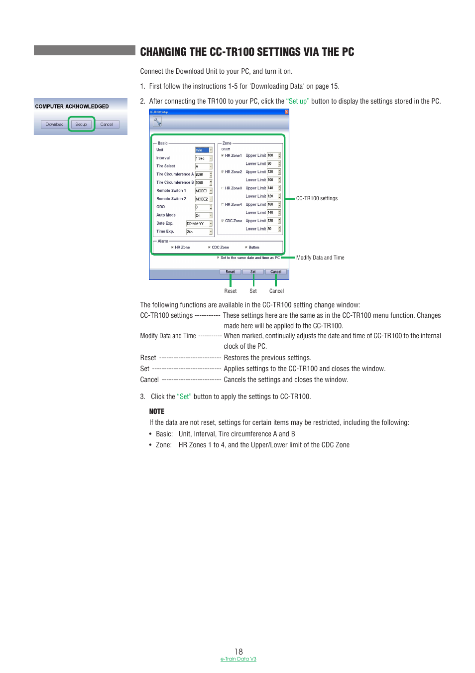 Changing the cc-tr100 settings via the pc | CatEye e-TrainData™ Ver.3 [Power Unit Edition] User Manual | Page 18 / 53