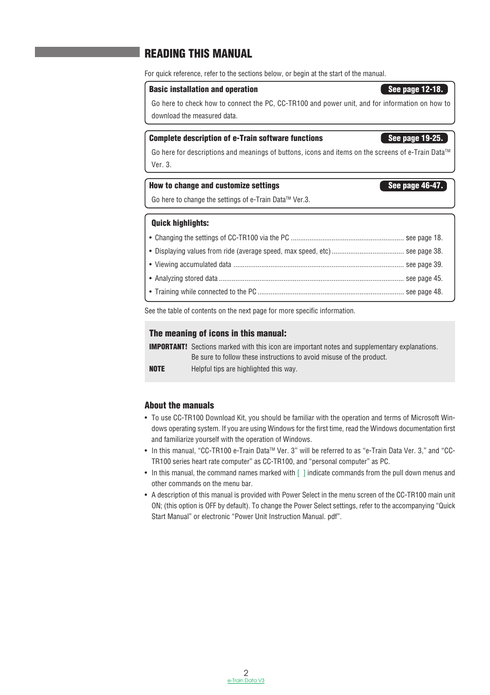 Reading this manual | CatEye e-TrainData™ Ver.3 [Power Unit Edition] User Manual | Page 2 / 53