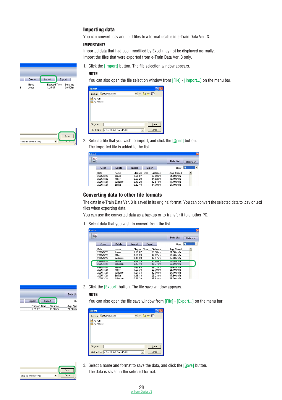 Importing data, Converting data to other file formats | CatEye e-TrainData™ Ver.3 [Power Unit Edition] User Manual | Page 28 / 53