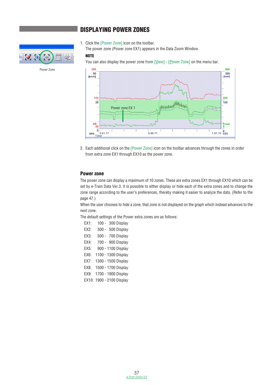 Displaying power zones | CatEye e-TrainData™ Ver.3 [Power Unit Edition] User Manual | Page 37 / 53