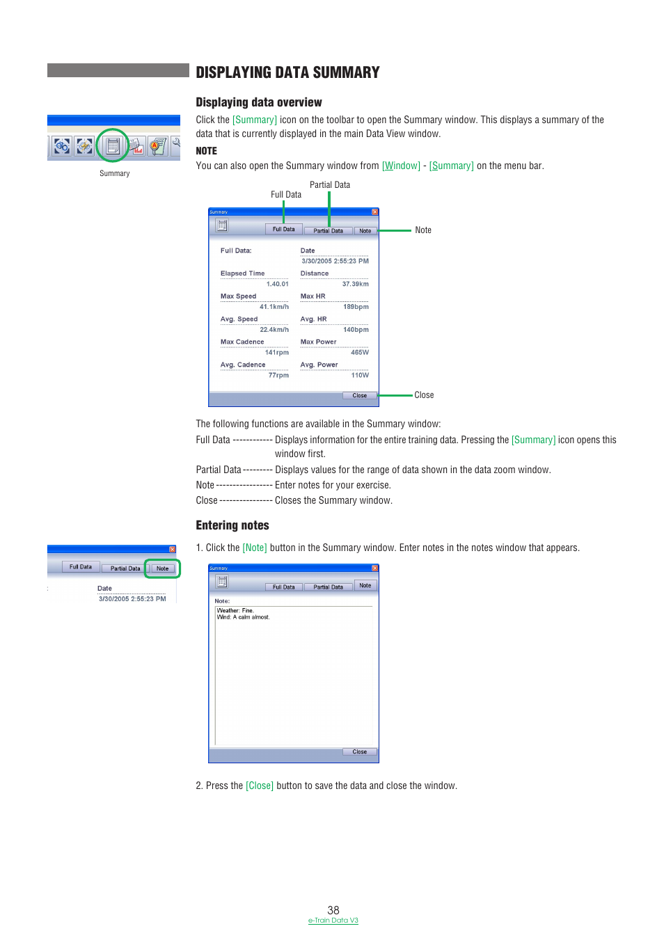 Displaying data summary, Displaying data overview, Entering notes | CatEye e-TrainData™ Ver.3 [Power Unit Edition] User Manual | Page 38 / 53