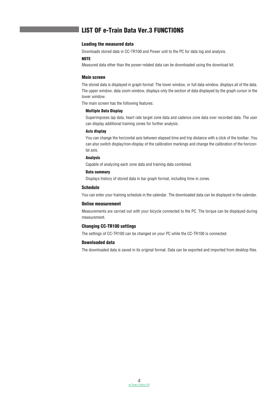 List of e-train data ver.3 functions | CatEye e-TrainData™ Ver.3 [Power Unit Edition] User Manual | Page 4 / 53