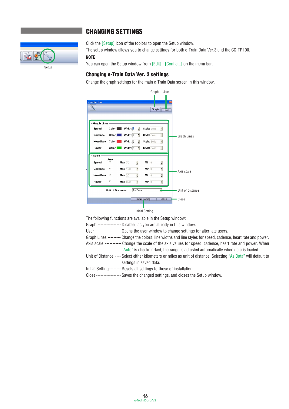 Changing settings, Changing e-train data ver. 3 settings | CatEye e-TrainData™ Ver.3 [Power Unit Edition] User Manual | Page 46 / 53