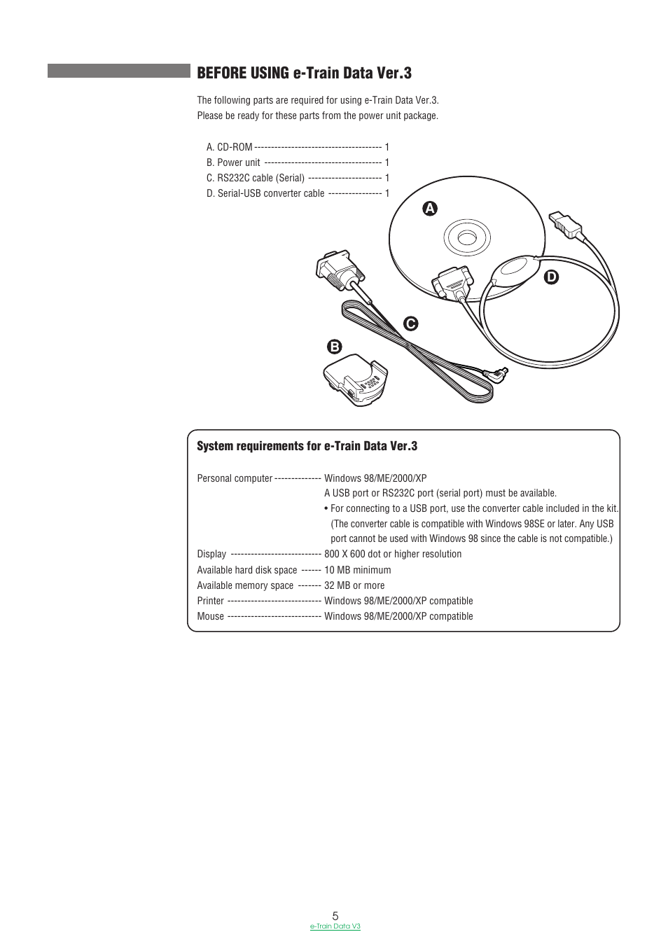 Before using e-train data ver.3, System requirements for e-train data ver.3, Dc a b | CatEye e-TrainData™ Ver.3 [Power Unit Edition] User Manual | Page 5 / 53