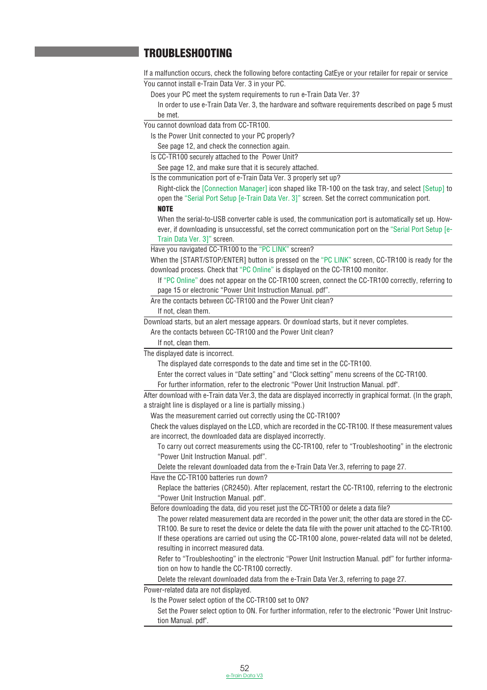 Troubleshooting | CatEye e-TrainData™ Ver.3 [Power Unit Edition] User Manual | Page 52 / 53