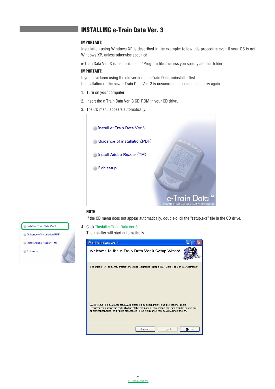 Installing e-train data ver. 3 | CatEye e-TrainData™ Ver.3 [Power Unit Edition] User Manual | Page 6 / 53