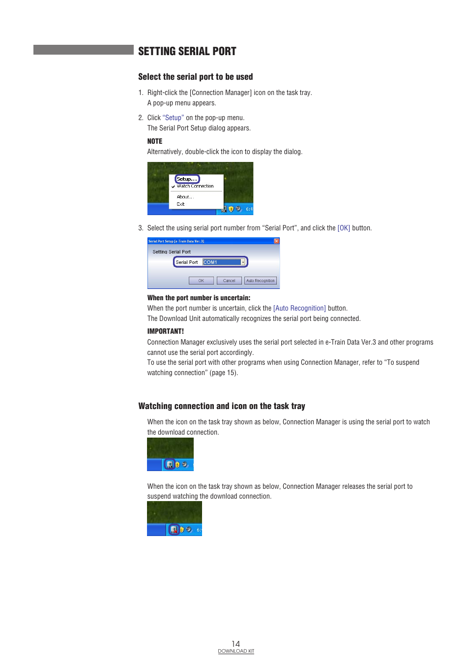 Setting serial port, Select the serial port to be used, Watching connection and icon on the | Task tray | CatEye IF-TR100 Download Kit User Manual | Page 14 / 55